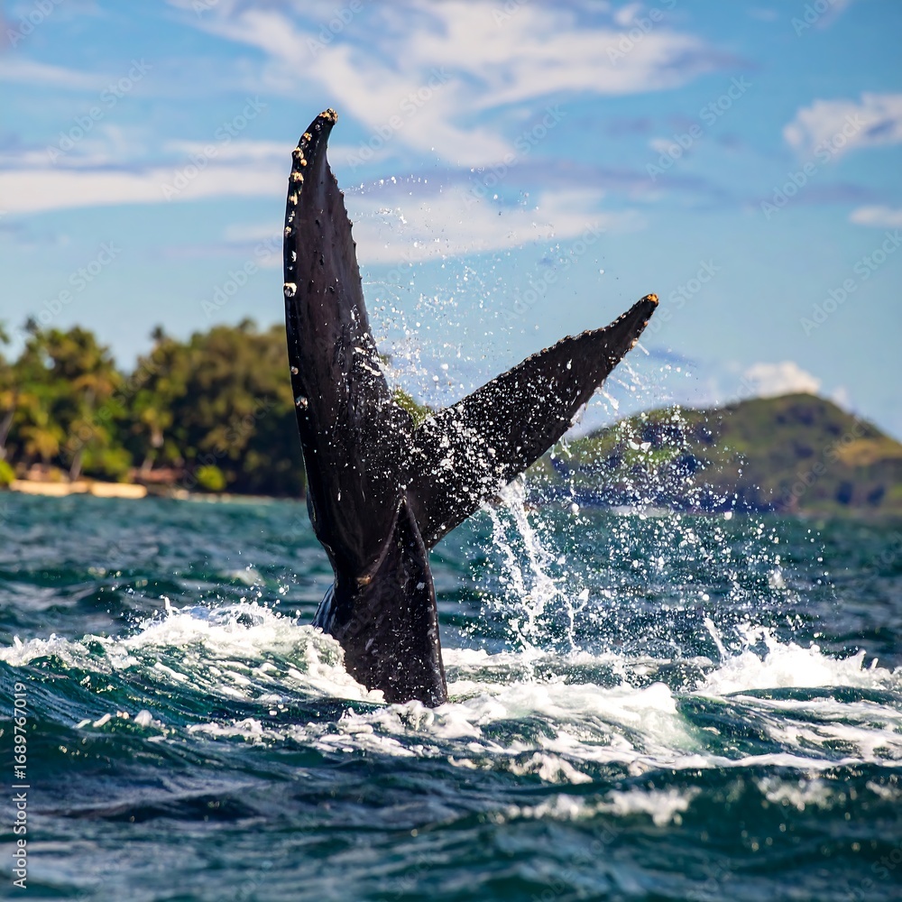 Fototapeta premium Humpback Whale Tail Splashing in Tropical Waters