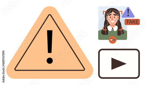 Exclamation warning sign, headshot with deepfake alert, and play button. Ideal for fake news, AI ethics, video authenticity, media verification, cybersecurity, online safety simple flat metaphor