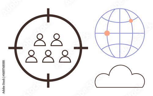 Crosshair focusing on group of people, globe with locations, cloud. Ideal for marketing, audience targeting, global reach, connectivity, strategy analytics technology. Simple flat metaphor