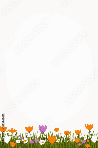 Delightful spring floral frame illustration with orange, purple, and white flowers on a clean background, ideal for invitations and seasonal designs