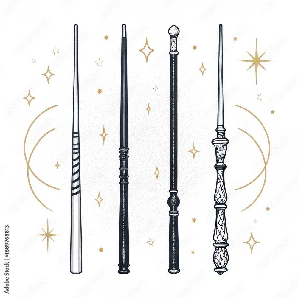 Fototapeta premium Four different magic wands isolated on white background, used by wizards