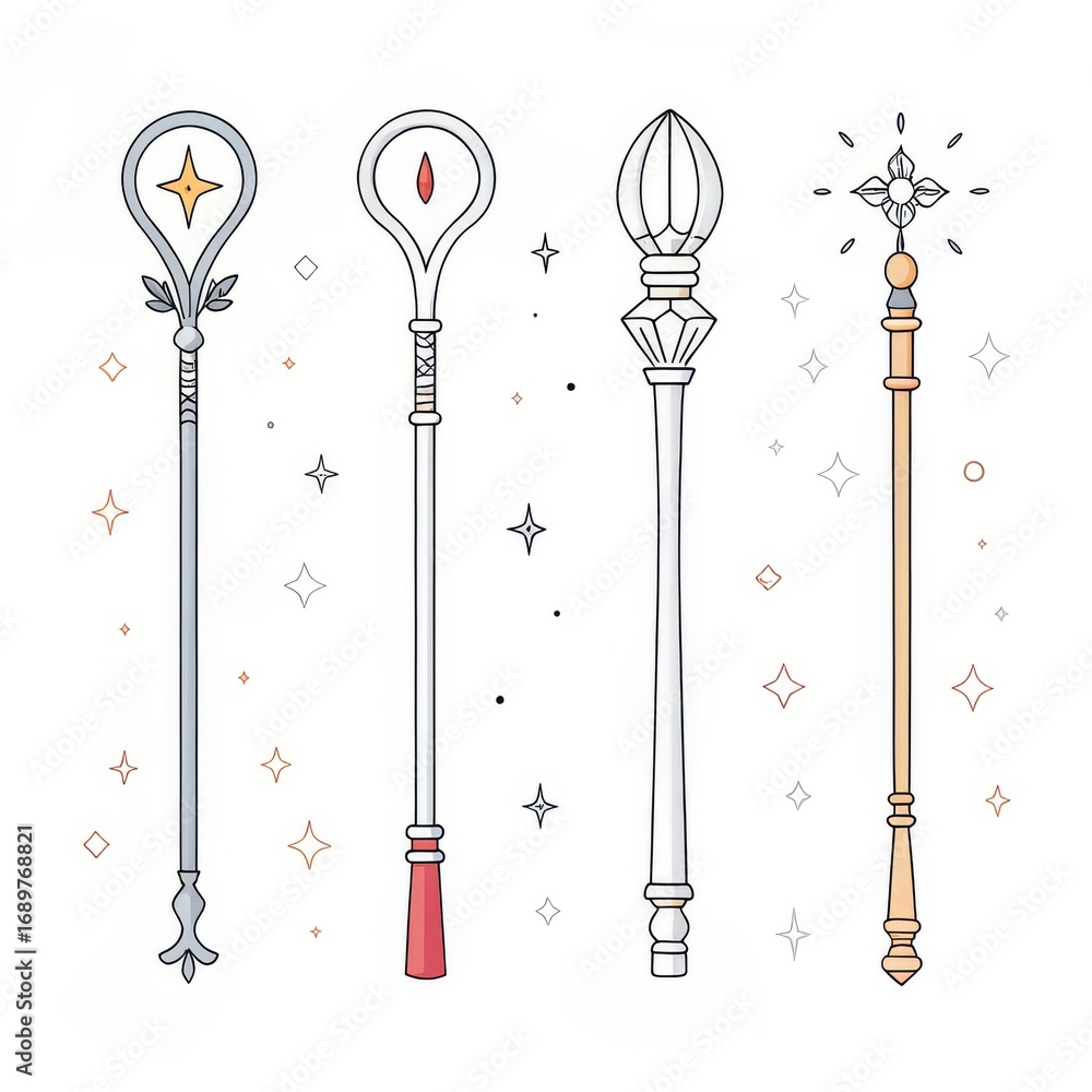 Naklejka premium Four magic scepters isolated on white background, used by wizards and witches