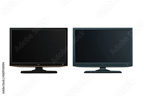 Two flat-screen TVs, black and dark-gray,  stand side-by-side on a black background, showcasing their sleek designs