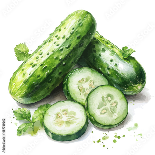 watercolor of Cucumber, vector, isolated on a white background.