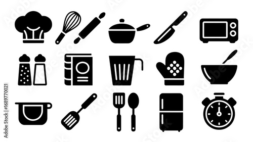 Collection of black and white cooking and kitchen icons