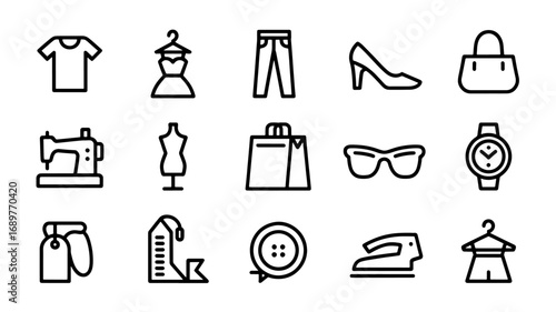 Line icons set of clothing accessories and fashion design tools
