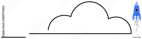 Blue rocket ascending above curved line resembling a cloud, symbolizing ambition, growth, success, and exploration. Ideal for business, technology, startup, aspiration creativity innovation simple