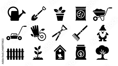 Gardening tools and elements icon set for spring and summer