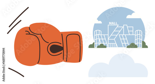 Red boxing glove mid-punch near shopping mall facade with geometric design and clouds. Ideal for concepts of competition, rivalry, business conflict, marketplace strategies, challenges, consumerism