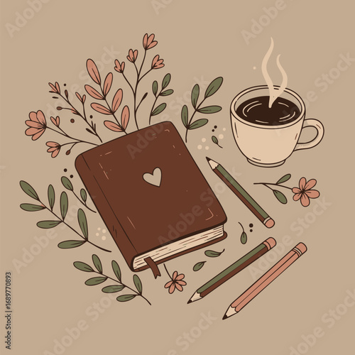Cozy and mindful morning journaling session with a hot cup of coffee, pencils, and delicate floral decorations
