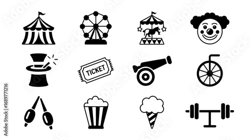 Circus icons tent Ferris wheel carousel clown magic ticket cannon unicycle juggling popcorn cotton candy weights classic carnival symbols