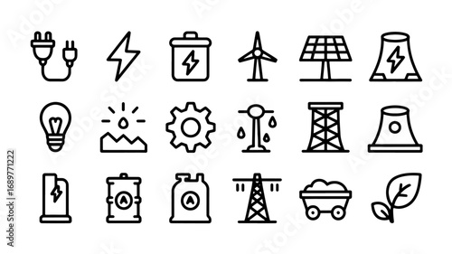 Set of 24 thin line icons representing renewable and non-renewable energy sources power generation and energy efficiency