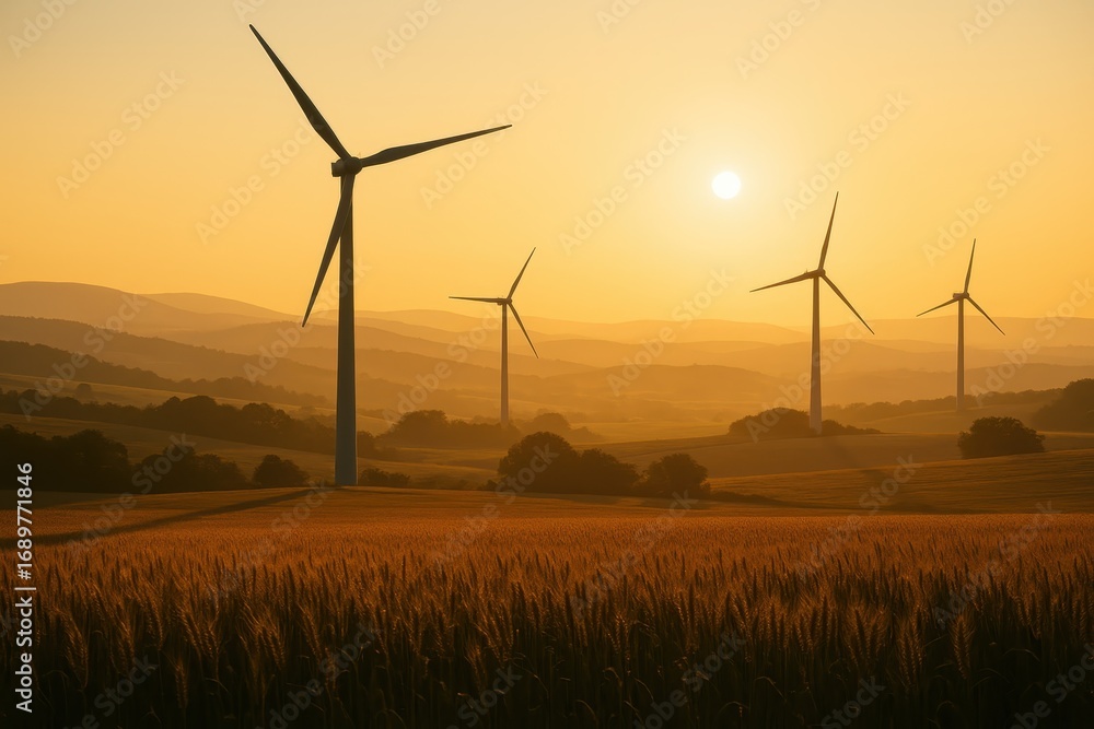 Obraz premium Graceful wind turbines over rolling wheat fields at sunrise sustainability and clean energy showcased with pastoral beauty perfect for editorial features and environmental