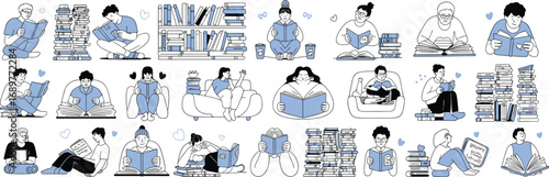 Vector illustration of people reading books, cozy study moments, home library lifestyle, students and adults learning, book lovers scene, relaxing educational atmosphere, literature concept