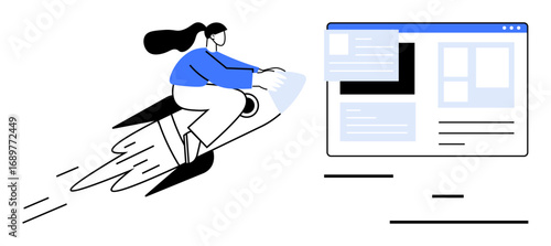 Woman on a rocket heading toward a dynamic browser interface representing progress, innovation, and technology. Ideal for technology, startups, success, innovation, speed, digital tools simple