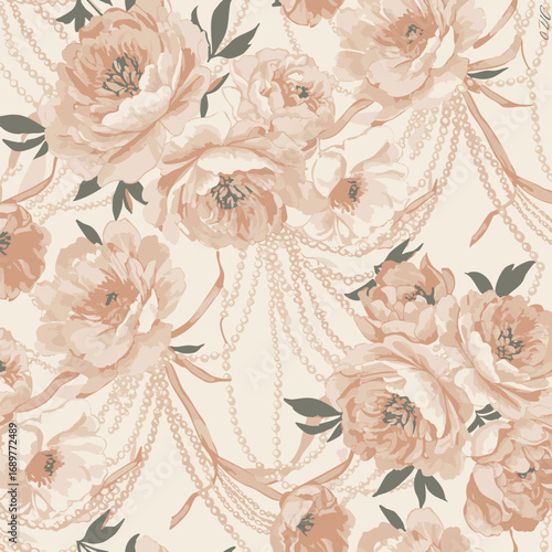 Delicate seamless pattern with blush pink peonies, flowing ribbons, and draped pearl strands on a cream background, evoking an elegant vintage aesthetic