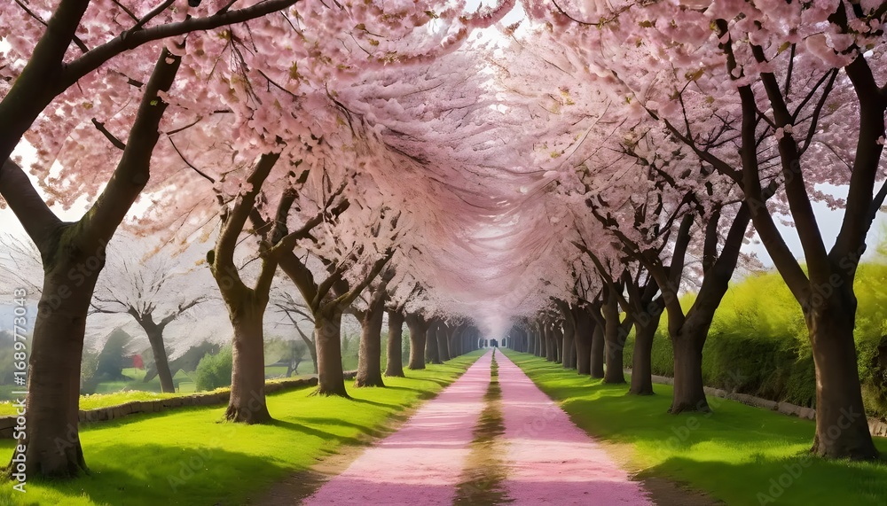 Naklejka premium Enchanting Cherry Blossom Tunnel: Pink Petals, Lush Green, Serene Pathway.