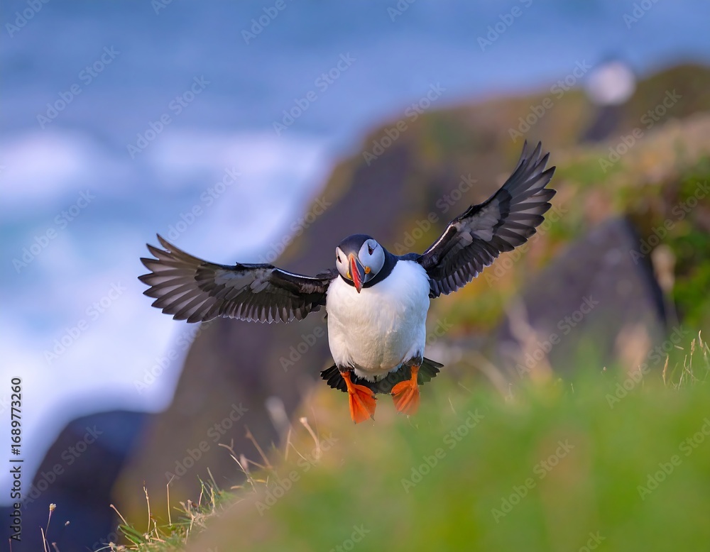 Naklejka premium Puffin in flight, landing on grassy cliff