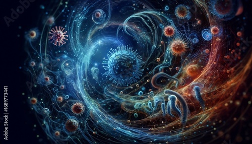 A surreal blend of viruses and bacteria swirling in abstract patterns with glowing trails and sci-fi bio-structures under deep blue lighting
