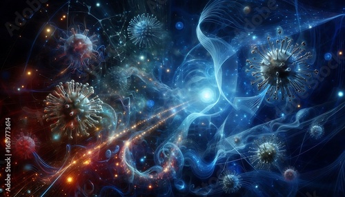 A surreal blend of viruses and bacteria swirling in abstract patterns with glowing trails and sci-fi bio-structures under deep blue lighting
