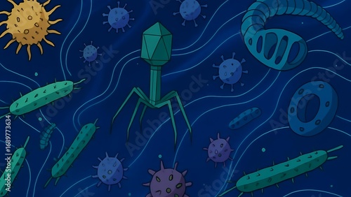 A surreal blend of viruses and bacteria swirling in abstract patterns with glowing trails and sci-fi bio-structures under deep blue lighting

