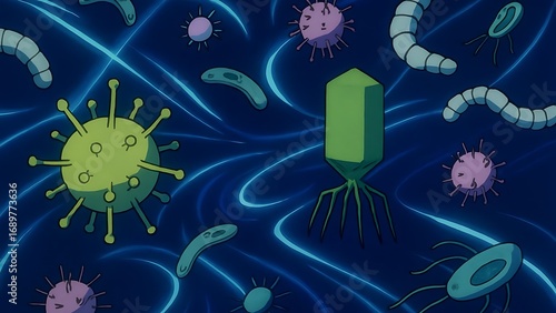 A surreal blend of viruses and bacteria swirling in abstract patterns with glowing trails and sci-fi bio-structures under deep blue lighting
