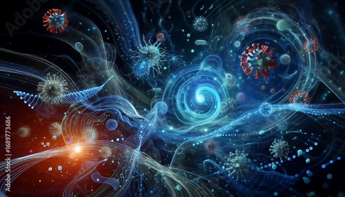 A surreal blend of viruses and bacteria swirling in abstract patterns with glowing trails and sci-fi bio-structures under deep blue lighting
