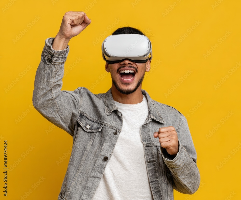 Fototapeta premium A man wearing virtual reality headset celebrates a victory against a vivid yellow backdrop.