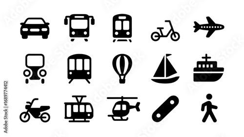 Simple black glyph icons representing various modes of transportation including cars buses trains planes and more