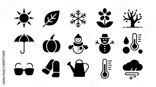 Collection of sixteen simple weather icons representing the four seasons