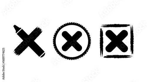 Set of three different hand-drawn cross symbols perfect for rejecting canceling or deleting