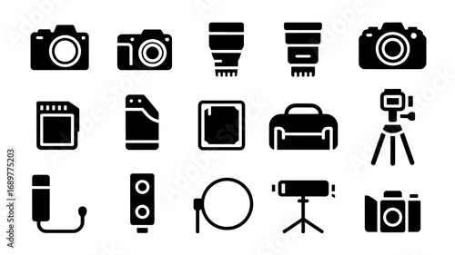 Collection of professional photography equipment icons including cameras lenses tripods and accessories