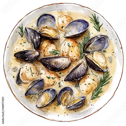 watercolor vector of Clam Chowder, isolated on a white background.