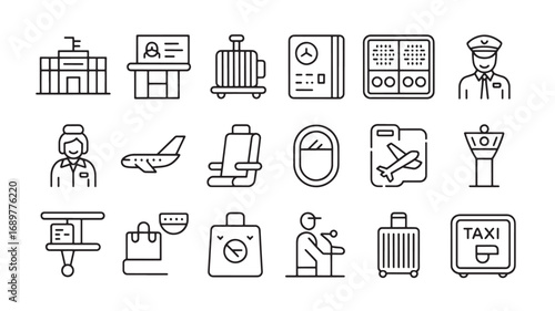 Airport icons travel airplane pilot flight passenger baggage plane air travel transportation journey trip vacation tourism airport terminal airline aircraft airport staff air hostess air stewa