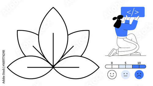 Woman kneeling while coding and debugging a lotus symbol representing balance, happiness rating scale. Ideal for coding, meditation, tech inspiration, productivity, problem-solving, mental