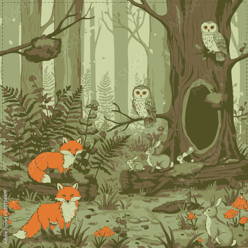 Enchanted forest scene with playful foxes, watchful owls, and hopping bunnies amidst lush greenery and vibrant mushrooms