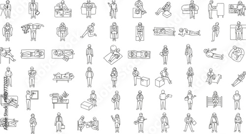 Set of outline people activity icons, illustrating daily routine, working, relaxing, reading, shopping, sitting, walking, sleeping, drawing, using gadgets and resting.