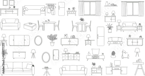 Modern interior furniture collection outline icon set, including sofas, tables, chairs, cabinets, decor elements, window curtains, home plants, lamps, and appliances illustration.