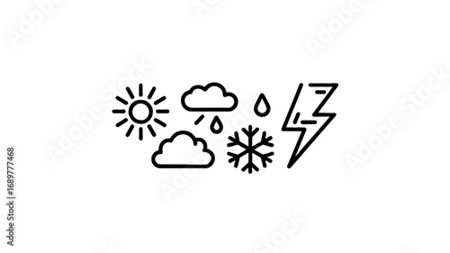 A simple depiction of weather icons including sun, clouds, rain, snow, and lightning.