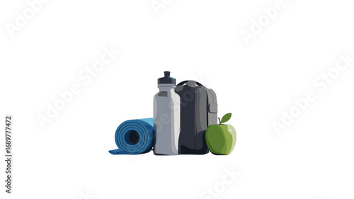 A collection of fitness equipment: yoga mat, water bottle, lunch bag, and apple, promoting a healthy lifestyle.
