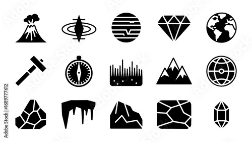 A collection of sixteen glyph icons representing various geological and geographical elements including mountains crystals and planets