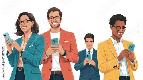 People interacting with mobile phones in various scenarios.