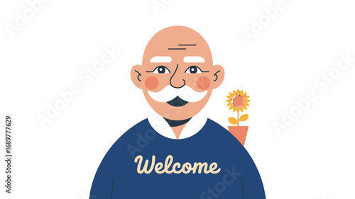 Illustration of a cheerful elderly man, radiating warmth, accompanied by a sunflower and the word Welcome.