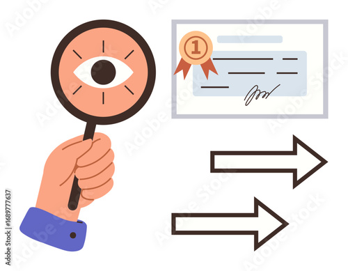 Magnifying glass examining certificate with signature and ribbon arrows represent progress, verification, or validation. Ideal for quality check, achievement, certification process, inspection