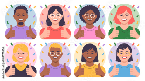 Diverse individuals giving thumbs up and showing approval.