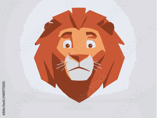A stylized, cartoonish illustration of a lion's face with a lighthearted, curious expression
