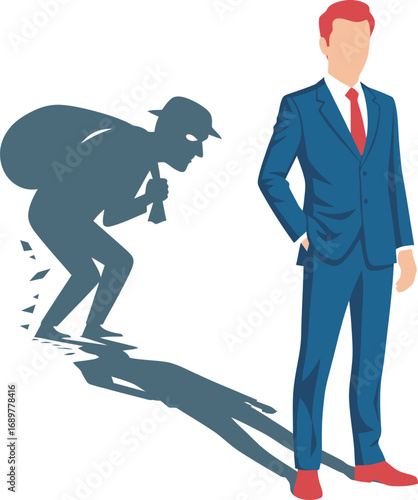 A businessman stands confidently while his shadow reveals a thief, carrying a bag.