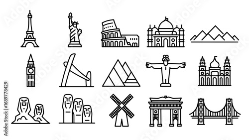 World Famous Landmarks Line Icons Travel, Tourism, and Architecture Vector Illustration