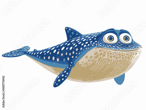 Friendly whale shark cartoon character with blue spots and big eyes illustration