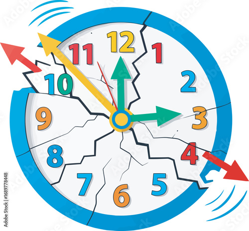 A colorful, cartoon clock with a cracked face, showing the passage of time disrupted.